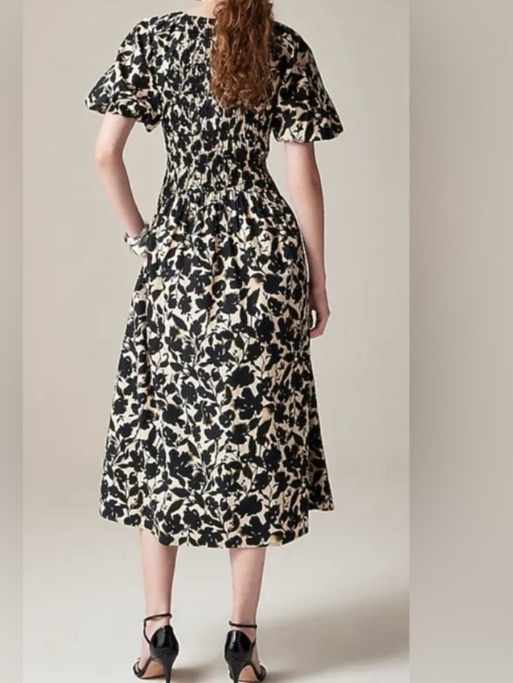 J. Crew Black and Cream Floral Smocked Midi Dress - Picture 2 of 8